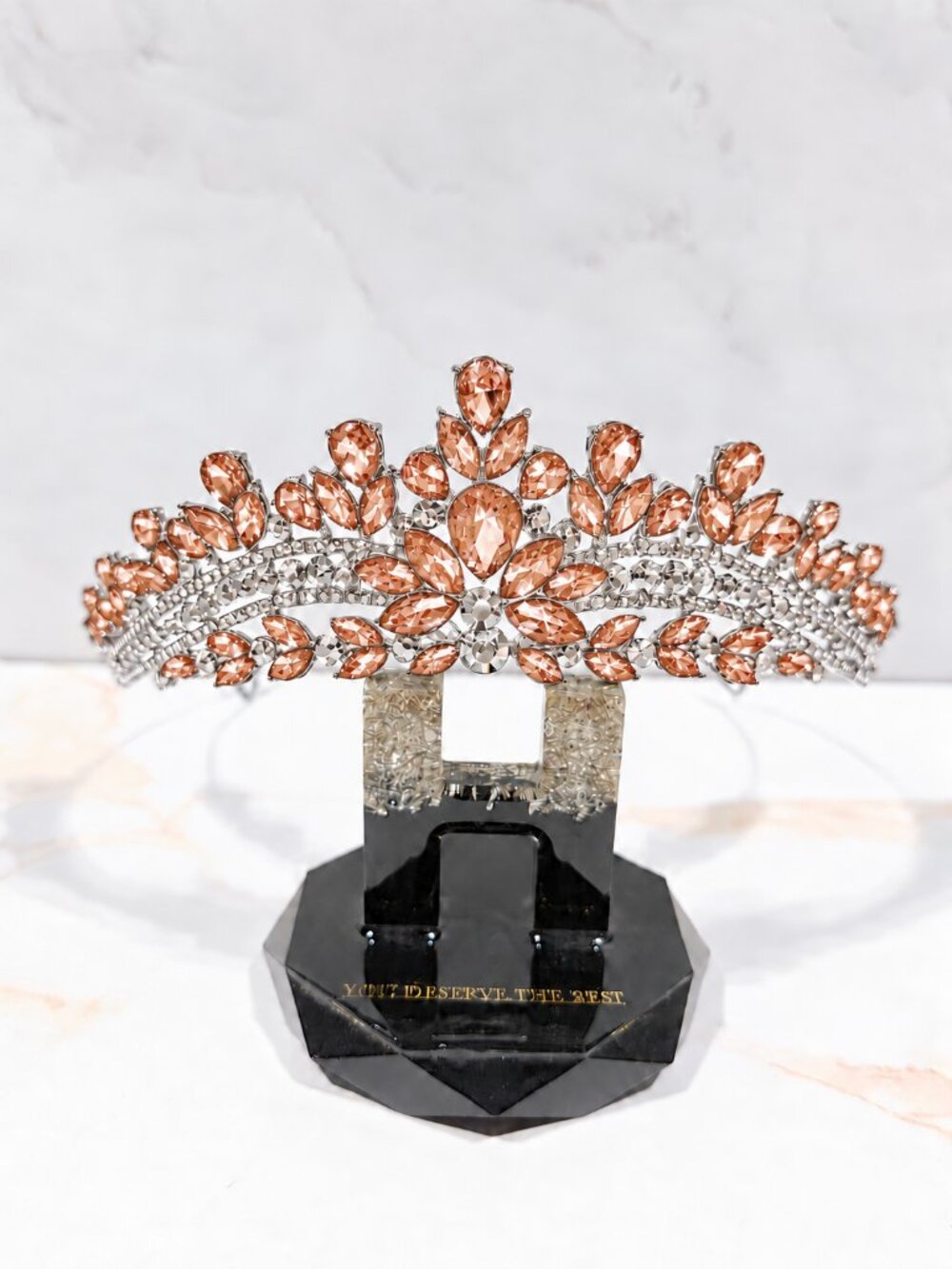 Peach Crystal Tiara Crown Silver Rhinestone Bridal Wedding Pageant Headpiece